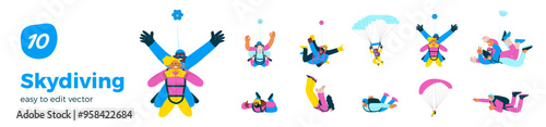 Skydiving collection. Cheerful flying females and males, solo skydiving jump, tandem skydiving jump, parachutes. Extreme sport activities. Modern flat vector illustration.
