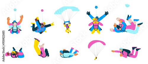 Skydiving collection. Cheerful flying females and males, solo skydiving jump, tandem skydiving jump, parachutes. Extreme sport activities. Modern flat vector illustration.