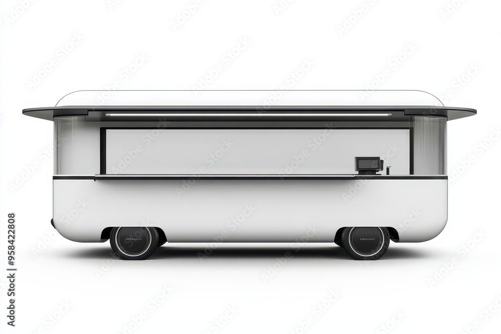 A modern mobile kiosk with a sleek design for food or beverage service. A modern mobile kiosk with a sleek design for food or beverage service.