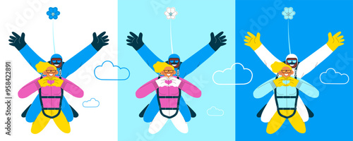 Cheerful flying female show heart sign gesture and male, perform tandem skydiving jump. Extreme sport activities. Modern flat vector illustration.