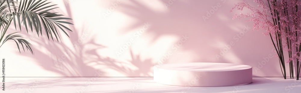 Subtle botanical backdrop featuring a shadow effect ideal for framing covers or postcards Display podium and exhibit stand against a soft pastel backdrop for high end products 3D rendering Subtle botanical backdrop featuring a shadow effect ideal for framing covers or postcards Display podium and exhibit stand against a soft pastel backdrop for high end products 3D rendering