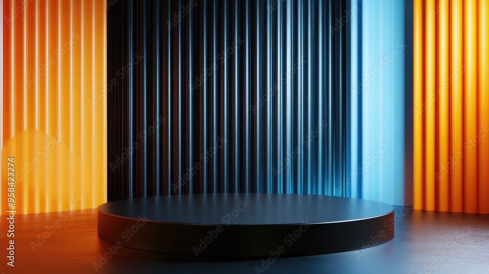 Cosmetic display featuring a black blue and orange background with a premium podium for product branding and packaging 3D rendering of a studio stage Cosmetic display featuring a black blue and orange background with a premium podium for product branding and packaging 3D rendering of a studio stage