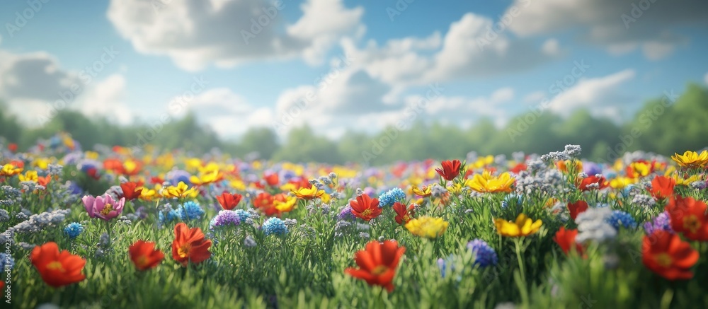 Spring flower field scene with a natural beauty podium backdrop rendered in 3D Spring flower field scene with a natural beauty podium backdrop rendered in 3D