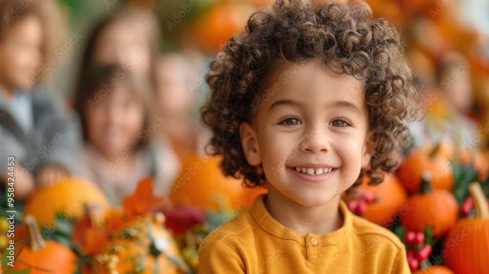 A cheerful child with curly hair smiles in a festive autumn setting surrounded by pumpkins and colorful decorations. A cheerful child with curly hair smiles in a festive autumn setting surrounded by pumpkins and colorful decorations.