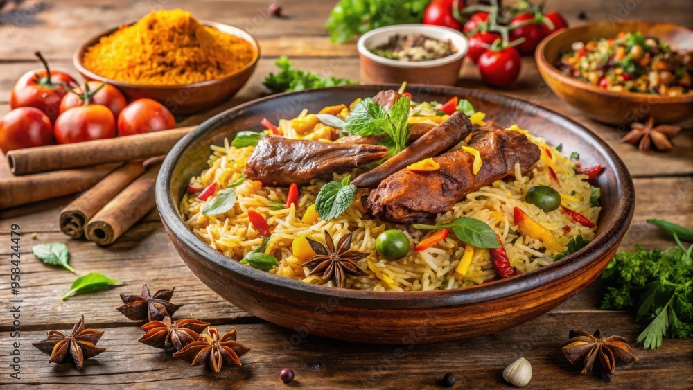Delicious and aromatic Indian biryani dish with fragrant rice, spices, vegetables, and meat , Indian cuisine, biryani, rice Delicious and aromatic Indian biryani dish with fragrant rice, spices, vegetables, and meat , Indian cuisine, biryani, rice