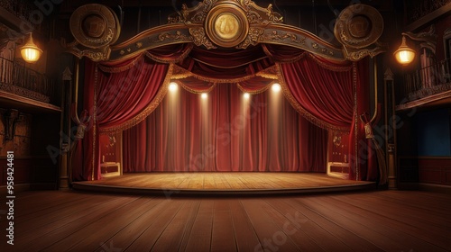 Expansive Circus Stage with Velvet Curtains Drawn Back Revealing a Spotlight-Lit Wooden Floor – Ideal for Background, Banner, Card, Poster