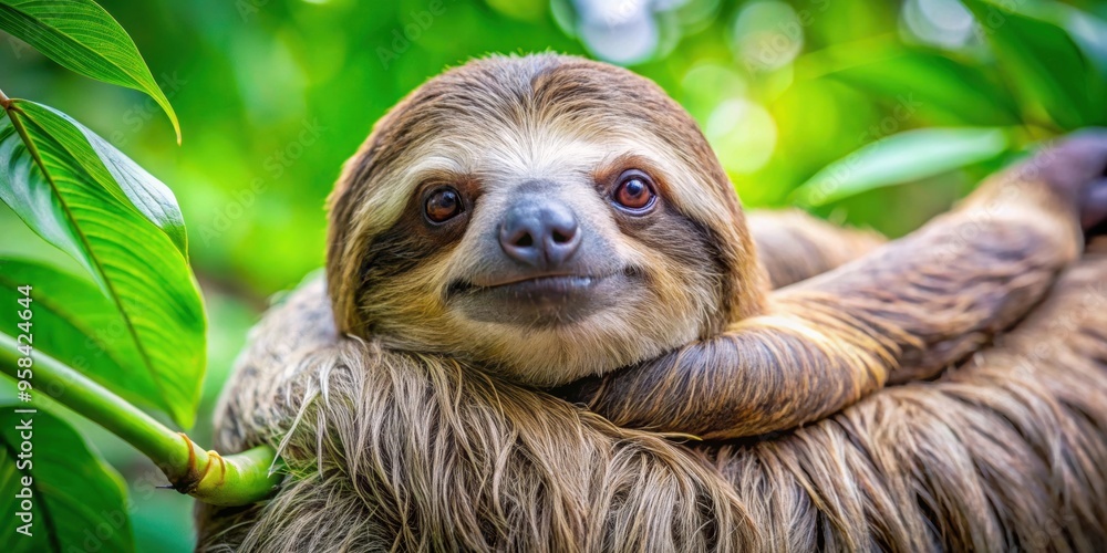 Fototapeta premium Sloth resting in tree closeup, sloth, tree, lazy, cute, mammal, wildlife, jungle, nature, relaxation, furry, climbing