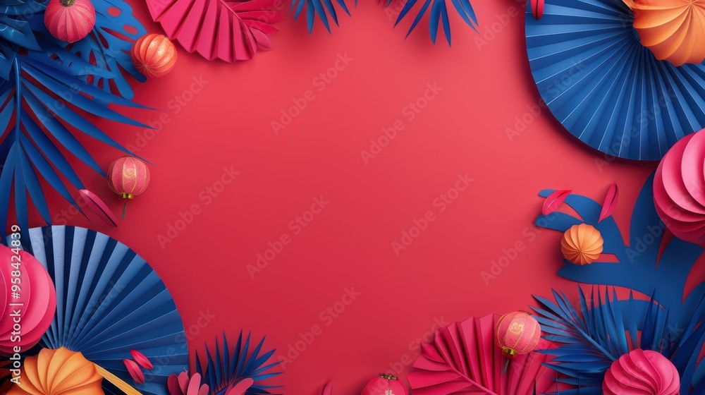 Colorful Festive Background with Red and Blue Paper Decorations and Lanterns for Celebrations Colorful Festive Background with Red and Blue Paper Decorations and Lanterns for Celebrations