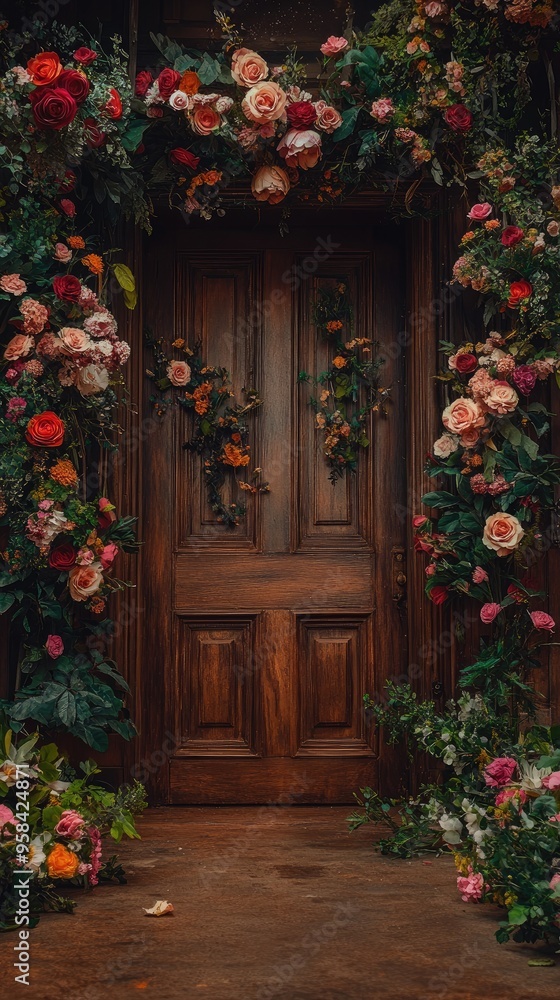 Wooden Door Adorned with Flowers Wooden Door Adorned with Flowers