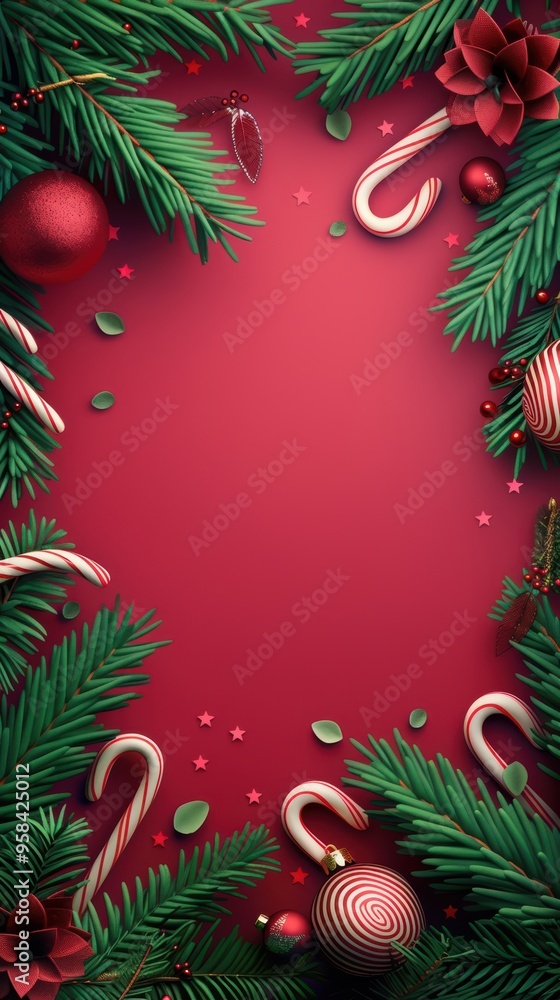 Festive Christmas Background with Candy Canes, Ornaments, and Pine Branches on Red Festive Christmas Background with Candy Canes, Ornaments, and Pine Branches on Red