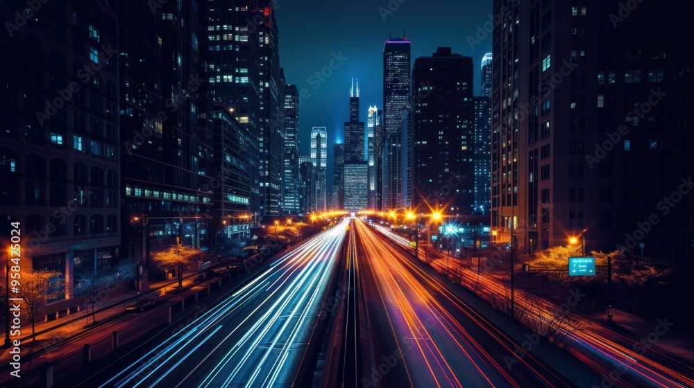 A long exposure photograph capturing the vibrant city street at night A long exposure photograph capturing the vibrant city street at night