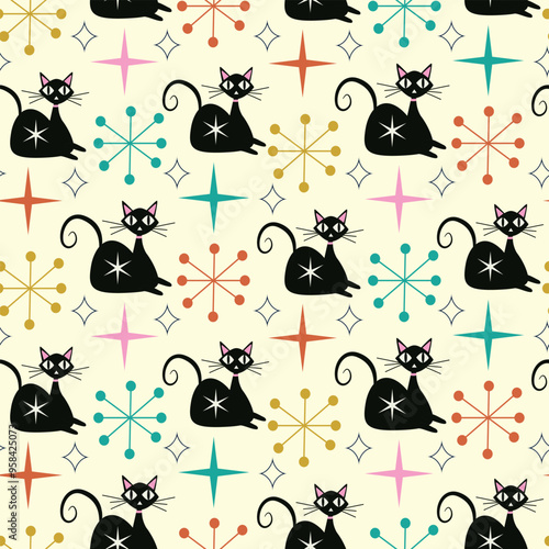 Mid Century Modern Black Atomic Cats seamless pattern with colorful starbursts on light cream background. For wallpaper, textile and home décor.