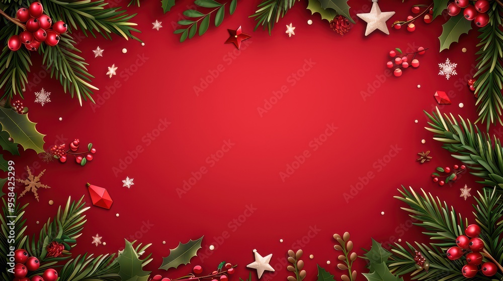 Festive Christmas Background with Pine Branches, Holly Berries, and Decorative Stars on Red Festive Christmas Background with Pine Branches, Holly Berries, and Decorative Stars on Red