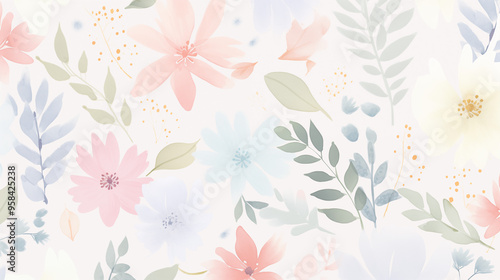 Pastel Floral Watercolor Background With Green Leaves And Pink Blooms