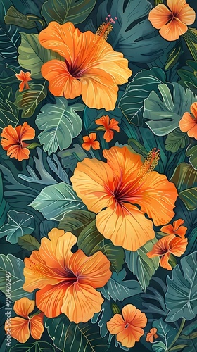 Wallpaper Mural orange hibiscus flowers illustration poster background Torontodigital.ca
