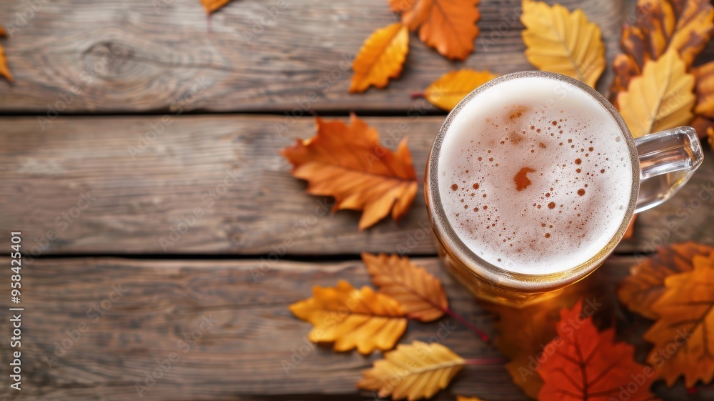 A refreshing glass of beer surrounded by autumn leaves on a rustic wooden surface, perfect for fall celebrations. A refreshing glass of beer surrounded by autumn leaves on a rustic wooden surface, perfect for fall celebrations.