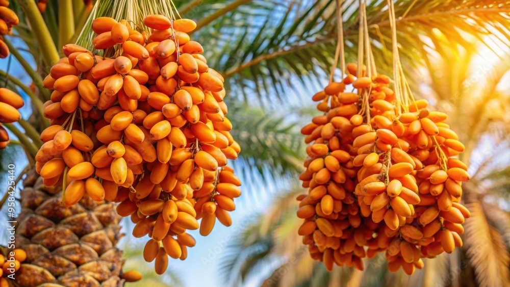 Ripe bright orange date fruits hanging on a date palm tree, date palm, dates, ripe, fruits, orange, nature, food, tree Ripe bright orange date fruits hanging on a date palm tree, date palm, dates, ripe, fruits, orange, nature, food, tree