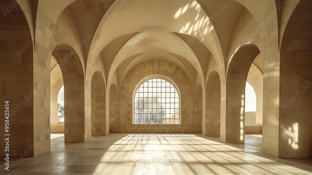 A large room with arched windows and columns. A large room with arched windows and columns.