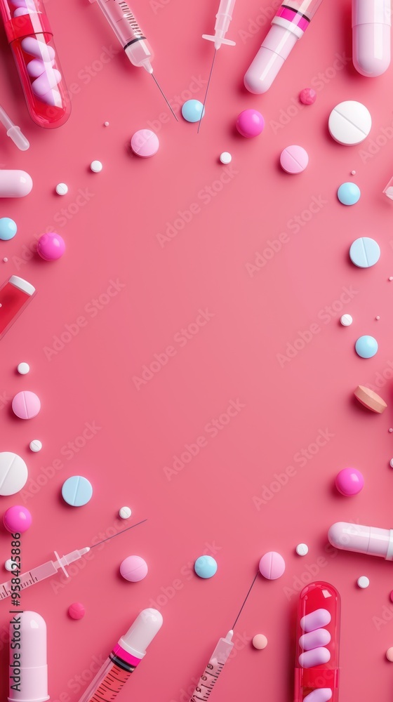 Colorful Medical Pills, Capsules, and Syringes on Pink Background with Copy Space for Healthcare and Pharmaceutical Concepts Colorful Medical Pills, Capsules, and Syringes on Pink Background with Copy Space for Healthcare and Pharmaceutical Concepts