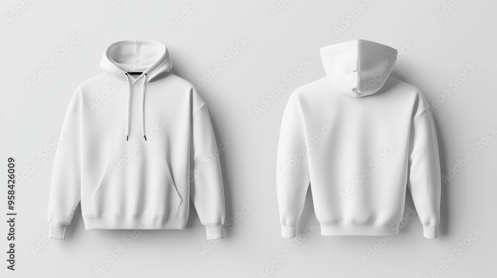 Isolated white hoodie shown from the front and back, set against a subtly blurred retail background. Ideal for apparel branding, fashion design mockups, or e-commerce product pages. Isolated white hoodie shown from the front and back, set against a subtly blurred retail background. Ideal for apparel branding, fashion design mockups, or e-commerce product pages.