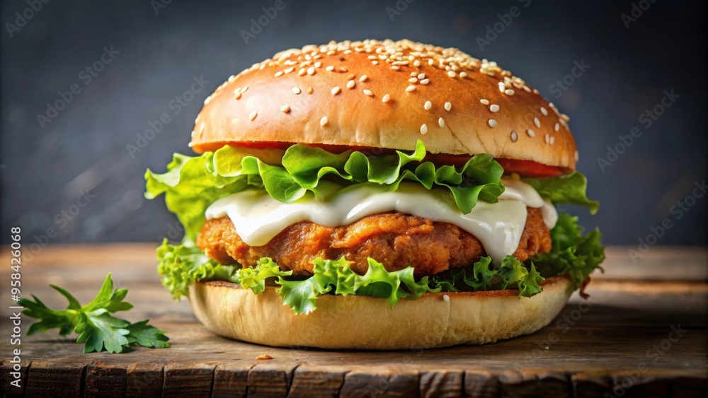 Spicy chicken burger with lettuce and mayonnaise on a sesame seed bun , food, sandwich, burger, spicy, chicken, fast food Spicy chicken burger with lettuce and mayonnaise on a sesame seed bun , food, sandwich, burger, spicy, chicken, fast food
