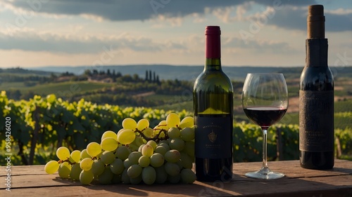 The essence of relaxation with a glass of wine, fresh grapes, and a serene vineyard backdrop