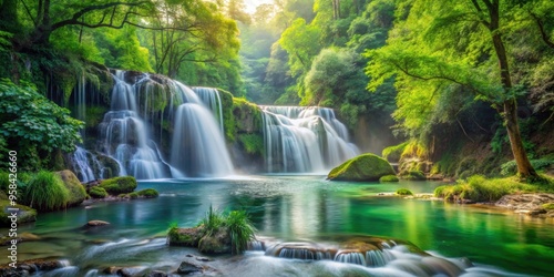 Tranquil scene of a cascading waterfall surrounded by lush greenery and peaceful flowing river, serene, nature, beauty