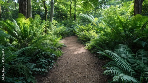 A peaceful nature trail through a verdant fern grove, with tall ferns and soft light filtering through the canopy creating a lush, green environment