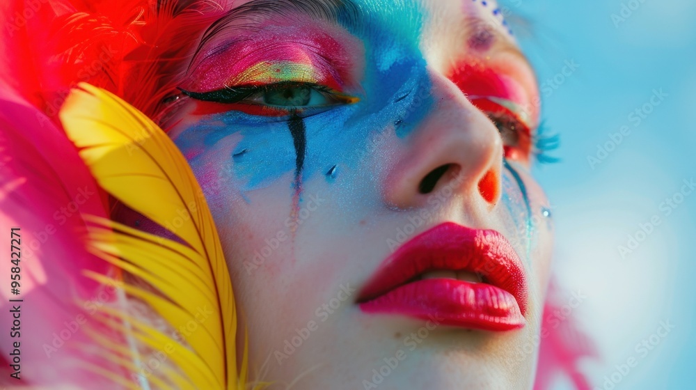 Fototapeta premium Close up of a womans beautiful face with colorful makeup and feathers