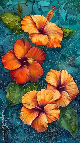 Wallpaper Mural orange hibiscus flowers illustration poster background Torontodigital.ca