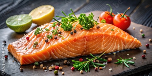 Magazine-quality shot of a delectable salmon steak, salmon, steak, food, gourmet, fresh, delicious, seafood, meal