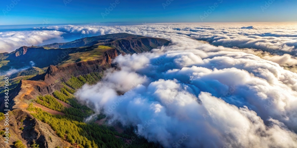 A stunning aerial view of Cloudfall over the volcanic landscape of La Palma, clouds A stunning aerial view of Cloudfall over the volcanic landscape of La Palma, clouds
