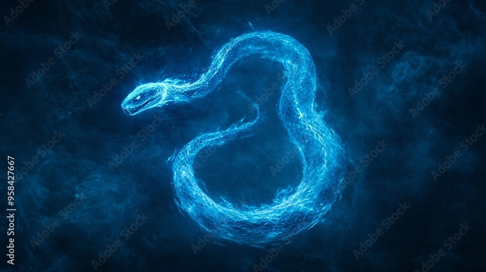 An ethereal blue snake swirling through a misty, dark background. An ethereal blue snake swirling through a misty, dark background.