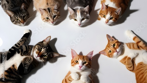 Wallpaper Mural A group of six cats, of various colors and patterns, are lying on their backs in a circle on a white surface. They are all looking up at the camera with curious expressions. Torontodigital.ca