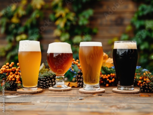 Four distinct glasses of beer arranged on a wooden table amidst autumn decor, showcasing rich colors and inviting textures. photo