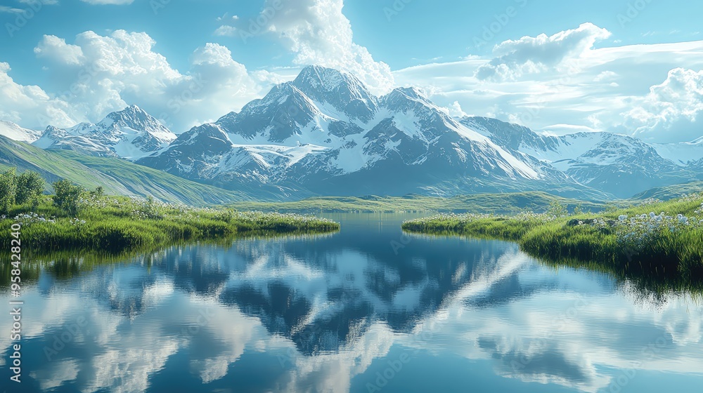 Scenic mountain landscape reflecting in a serene lake under blue skies with fluffy clouds, showcasing nature's beauty and tranquility.