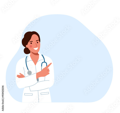  Doctor woman point up at good deal and advices use this copy space.. Vector flat style cartoon illustration