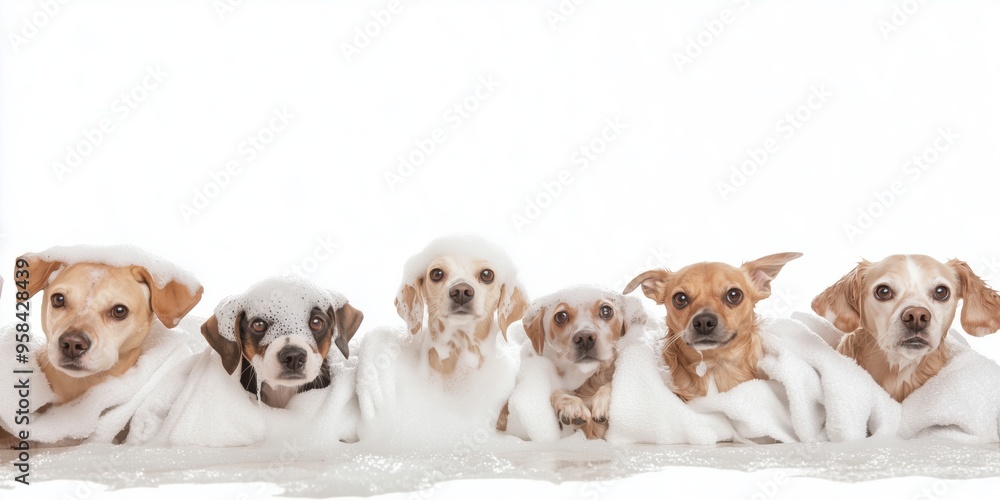Adorable puppies sitting in a row completely in foam, with bubbles on white background. Dog sitting at a professional grooming salon or veterinary clinic. Banner with copy space Adorable puppies sitting in a row completely in foam, with bubbles on white background. Dog sitting at a professional grooming salon or veterinary clinic. Banner with copy space