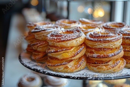 Morocco: M'hanncha A coiled pastry filled with almond paste and flavored with orange blossom water, dusted with powdered sugar and cinnamon photo