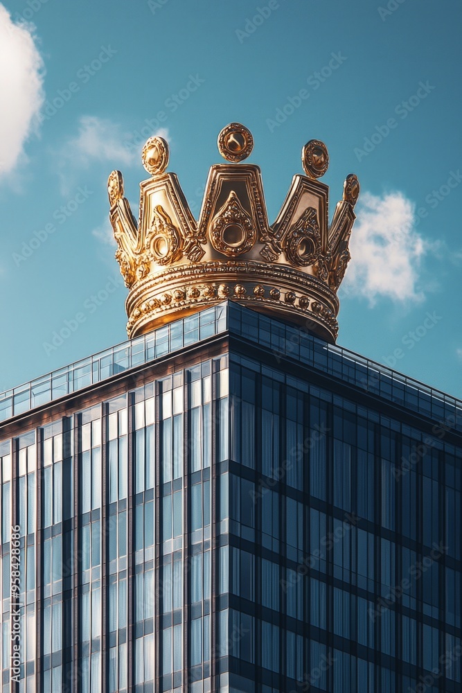 Fototapeta premium A giant 3D crown on top of an office building, the concept of being a market leader 