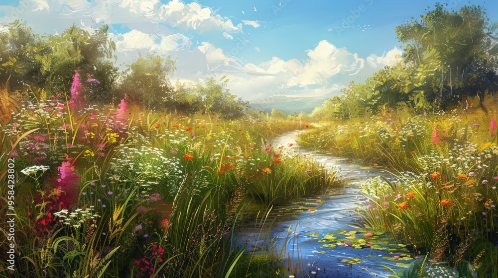 A peaceful stream meandering through a meadow, surrounded by vibrant wildflowers and tall grasses swaying in the breeze. A peaceful stream meandering through a meadow, surrounded by vibrant wildflowers and tall grasses swaying in the breeze.