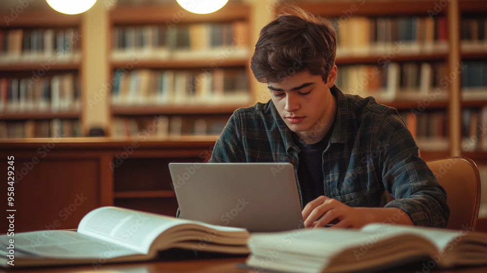 A diligent male student sits at a study table in a high school library, using a laptop and surrounded by open books and papers A diligent male student sits at a study table in a high school library, using a laptop and surrounded by open books and papers
