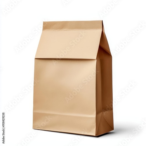 paper bag branding, takeaway packaging mockup, sleek and simple, natural tones, isolated on white background