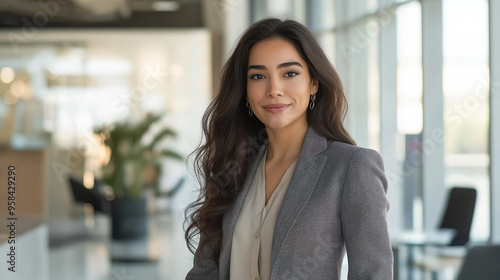 Wallpaper Mural A confident young businesswoman, dressed in a sleek blazer and a blouse, stands in a modern corporate office  Torontodigital.ca