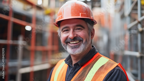 A smiling construction worker, clad in a hard hat and a high-visibility vest, poses for a portrait at a construction site