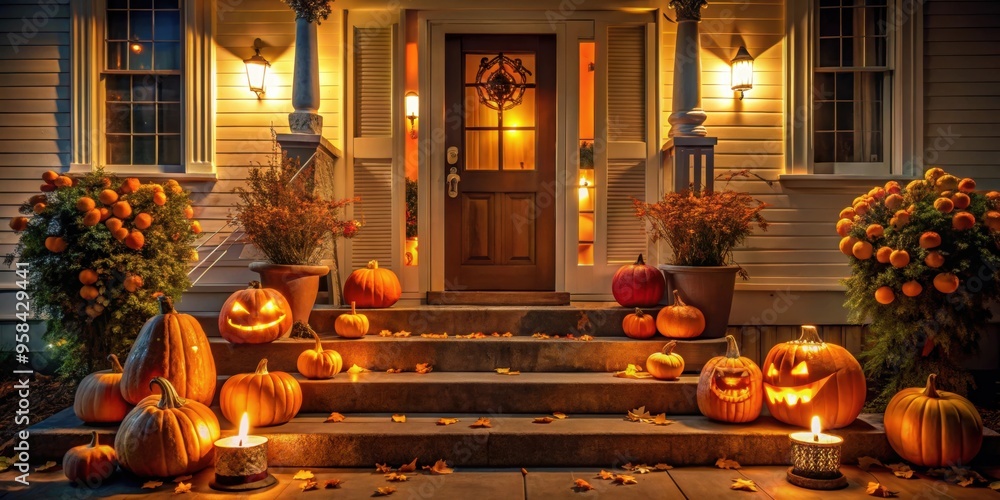 Obraz premium Halloween scene with pumpkins on porch, October night , Halloween, pumpkins, porch, October, night, spooky, autumn