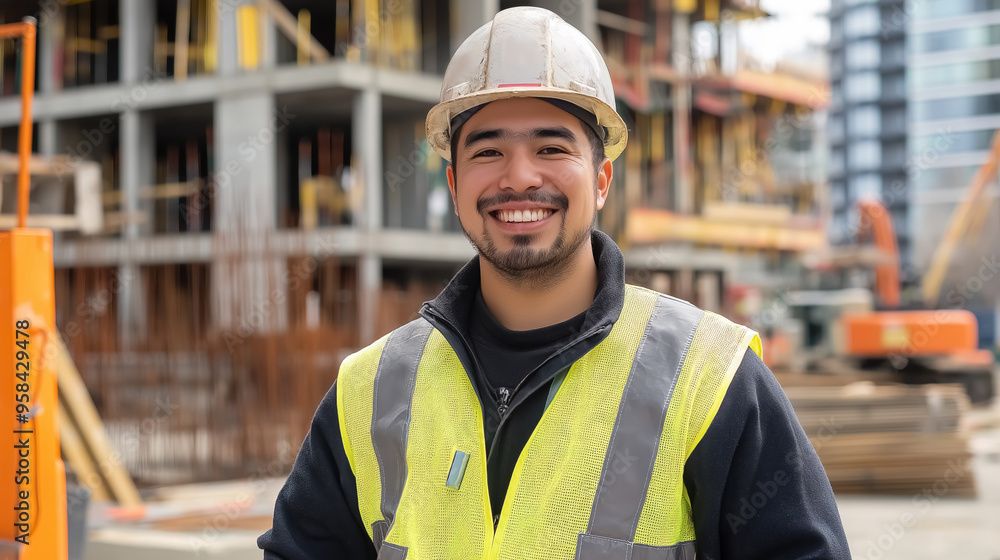A happy construction worker stands in front of a construction site, looking directly at the camera with a big smile A happy construction worker stands in front of a construction site, looking directly at the camera with a big smile