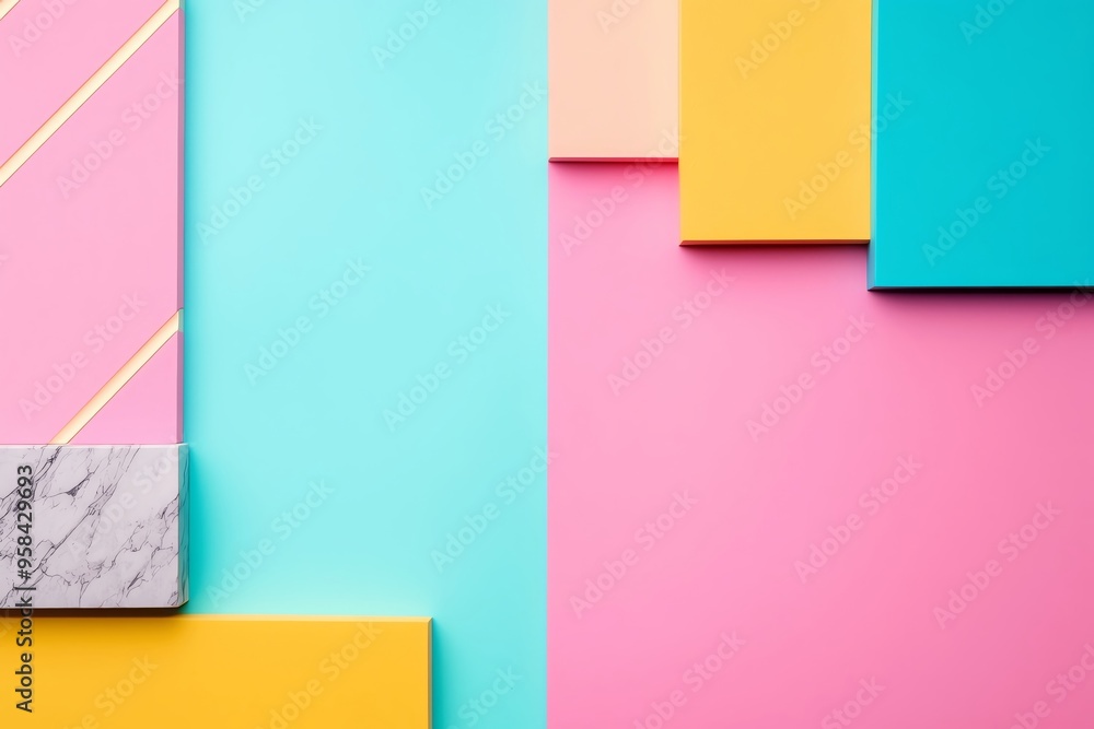 Colorful geometric background with pastel tones and marble texture, perfect for modern design and creative projects.
