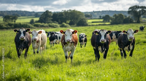 Wallpaper Mural Cattle graze in a beautiful sunny pasture under clear blue skies with soft clouds. Flock of cows Torontodigital.ca
