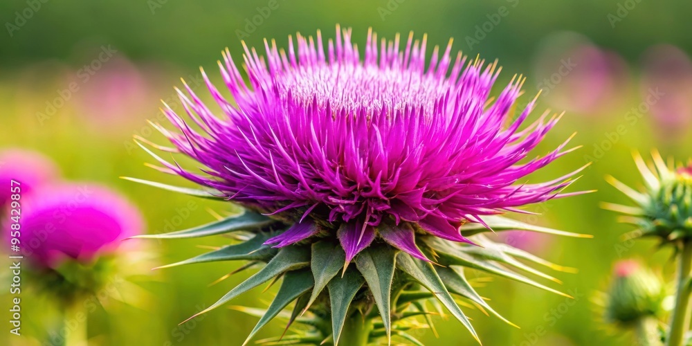Closeup of a vibrant purple milk thistle flower blooming in a Scottish field, flower, thistle, purple, plant, nature, bloom, blossom Closeup of a vibrant purple milk thistle flower blooming in a Scottish field, flower, thistle, purple, plant, nature, bloom, blossom